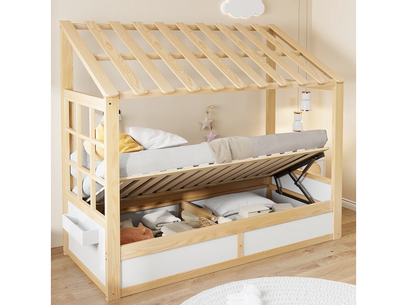  Lit coffre 90x200 cm coloris naturel bois massif  - Conforama E