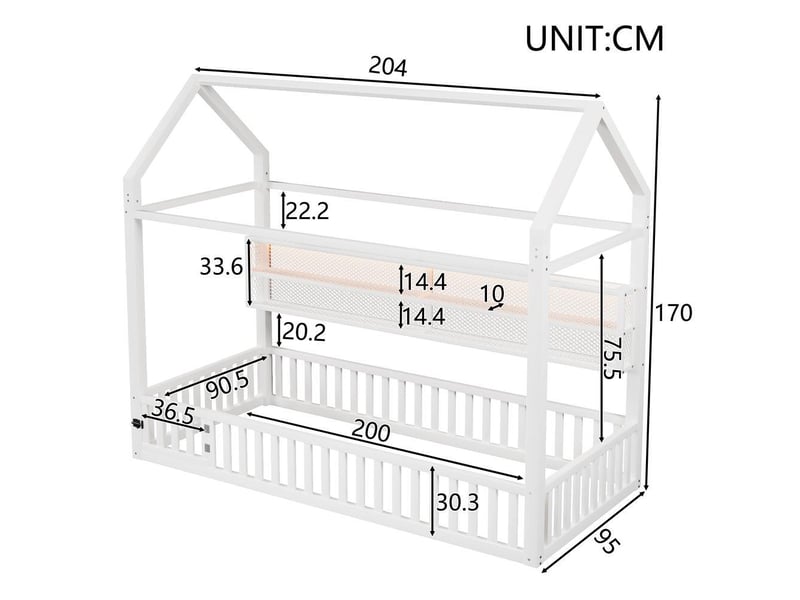  Lit cabane plateforme 90x200 cm, lit maison avec led 7 couleurs, barrière sécurité, structure métallique stable, blanc  - Conforama D