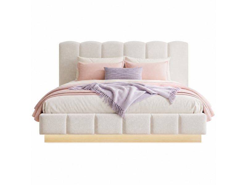 Lit coffre double,180x200 cm,avec led et sommier,tissu bouclé,blanc  - Conforama A