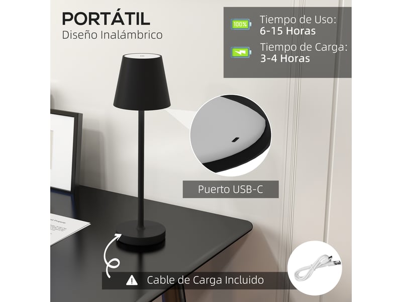  Lampe de chevet led sans fil, lampe de table rechargeable usb-c, 3 couleurs, ø 11,2 x 36,5 cm, noire  - Conforama D