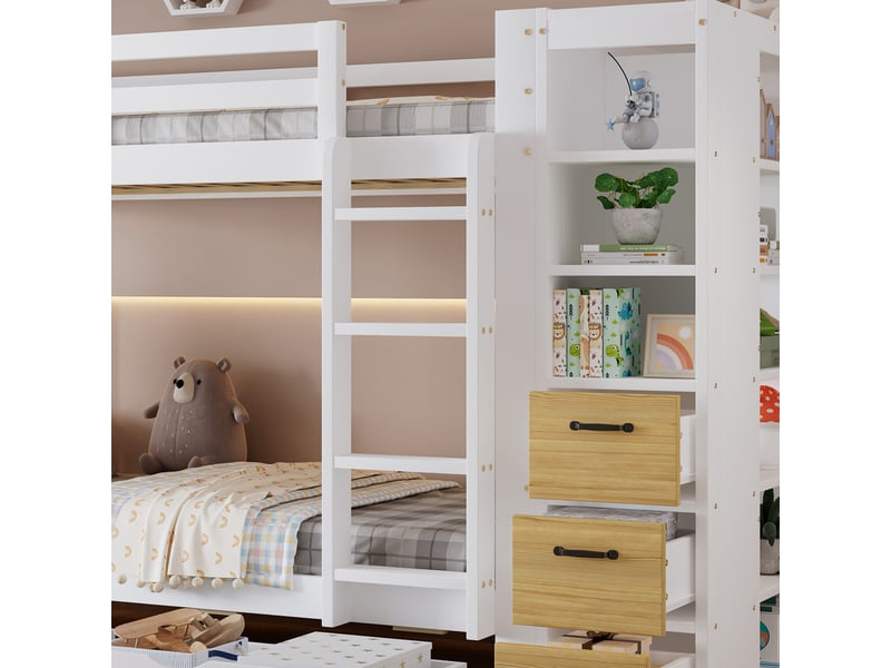 Lit superposé enfant 90x200 cm - avec 8 tiroirs et échelle - étagère de rangement latérale et table de chevet mobile - blanc (sans matelas) - Conforama R