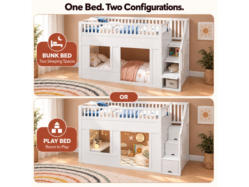  Lit superposé enfant 90x200 cm, avec escalier de rangement, un seul sommier, bois et mdf, blanc, sécurisé, sans matelas  - Conforama E