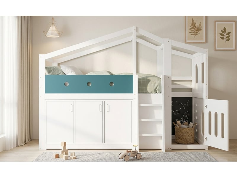  Lit mezzanine enfant 90x200 cm, avec espace de jeu et rangement, en bois, blanc, sans matelas  - Conforama D