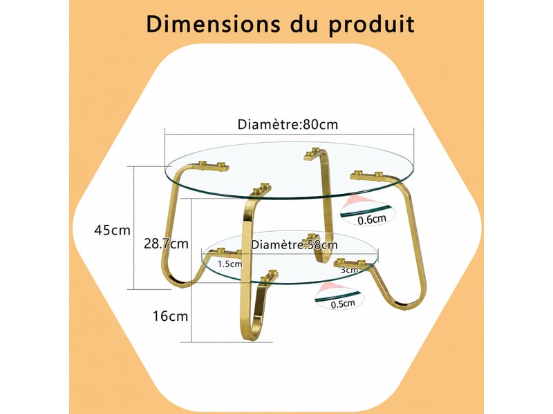  Table basse ronde double niveau – structure en métal doré et verre trempé – ø 80 x h 45 cm  - Conforama D