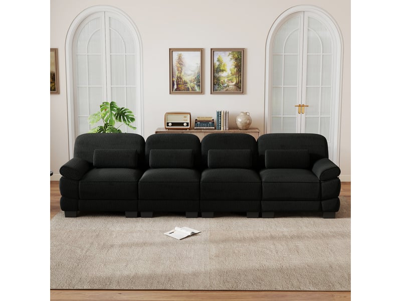  Canapé modulable 4 places 336x88,5x94 cm, tissu velours côtelé, assise profonde, coussins lombaires, canapé droit avec structure renforcée - noir  - Conforama D