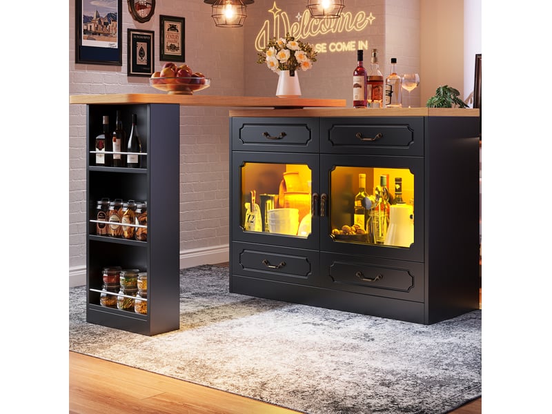  Table de bar extensible 135-203 cm avec rangement, led, rotation 360°, noir naturel  - Conforama D