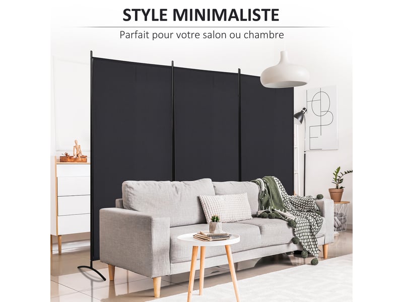  Paravent 3 panneaux dim. 2,53l x 0,5l x 1,82h m store latéral brise-vue paravent sur pied métal séparateur polyester  - Conforama W