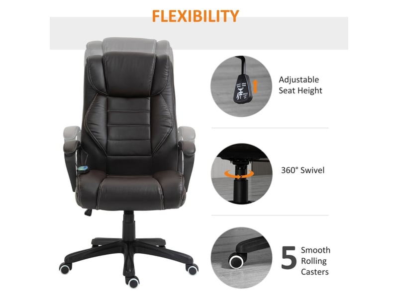  Chaise de bureau massage vibratoire à 6 points massage ciblé des hanches épaules et du dos télécommande filaire dossier haut surface facile à nettoyer inclinaison à bascule hauteur réglable roulettes et rotation à 360°  - Conforama C