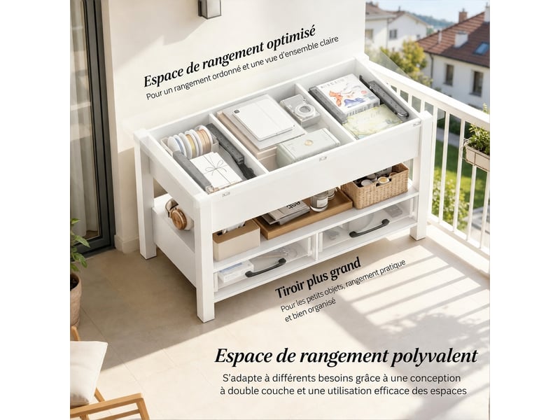  Table basse relevable blanche et extensible avec tiroirs, 100x50,5 cm  - Conforama R