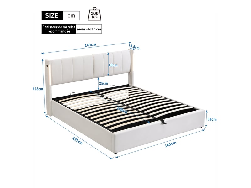  Lit rembourré 140x190 cm avec coffre hydraulique, éclairage led, usb et tête de lit réglable, pu blanc  - Conforama C