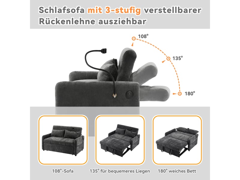  Canapé double, canapé lit 111x163cm, lit convertible, dossier réglable, support de téléphone, charge, velours gris foncé, coussins inclus  - Conforama E