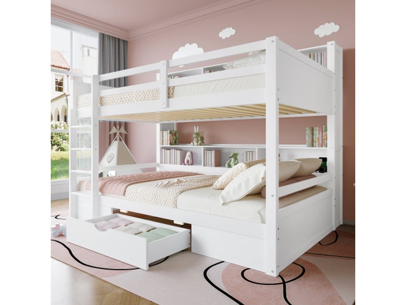  Lit enfant 90x200 cm,lit superposé avec 1 tiroir,étagères,échelle d'escalade et garde-corps,blanc lit enfant blanc - Conforama D