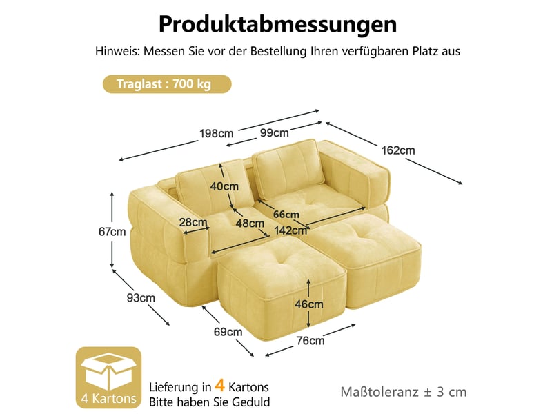  Canapé modulable 2 places 198x162x67 cm, mousse 32d, assise profonde, 2 poufs, avec, polyester, jaune  - Conforama C