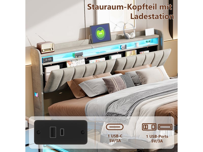 Lit double coffre 160 x 200 avec sommier, sorvaglos, lit rembourré avec led et usb, lit adulte avec hydraulique, velours, gris - Conforama E