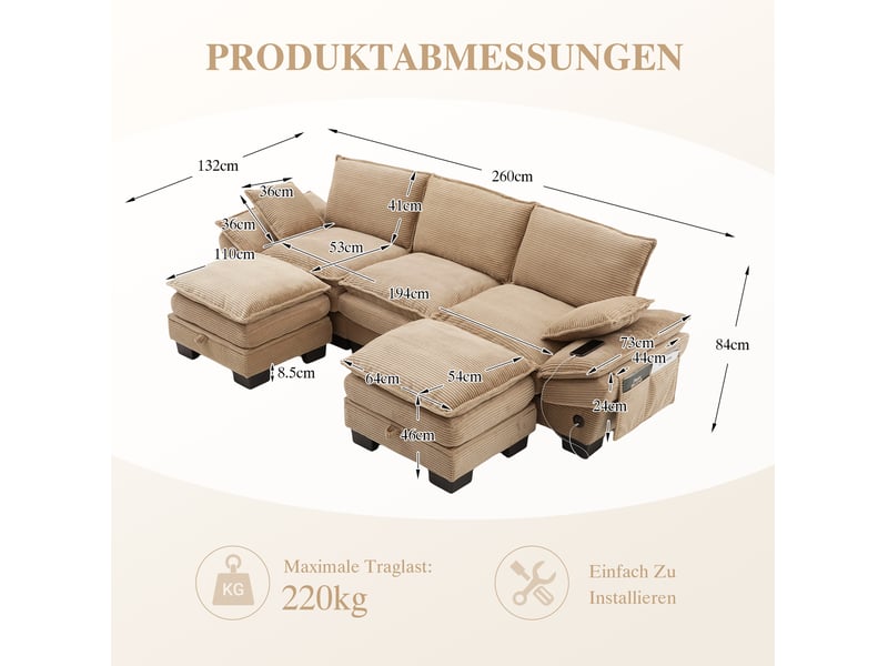 Canapé modulable 3 places en velours côtelé kaki avec 2 poufs et port usb-c - Conforama C