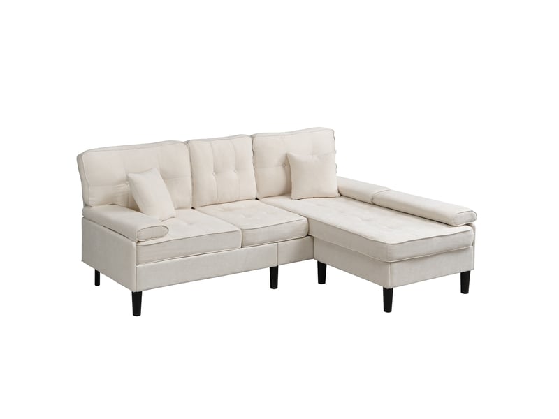 Canapé d'angle réversible 3 places avec fonction couchage et pouf mobile, en chenille beige clair, 195 × 149 × 86 cm - Conforama A