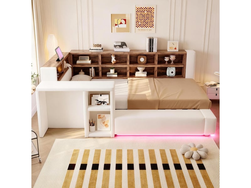  Lit rembourré, 90 x 200 cm, avec compartiments de rangement à plusieurs niveaux, éclairage led et table d'appoint, beige  - Conforama D