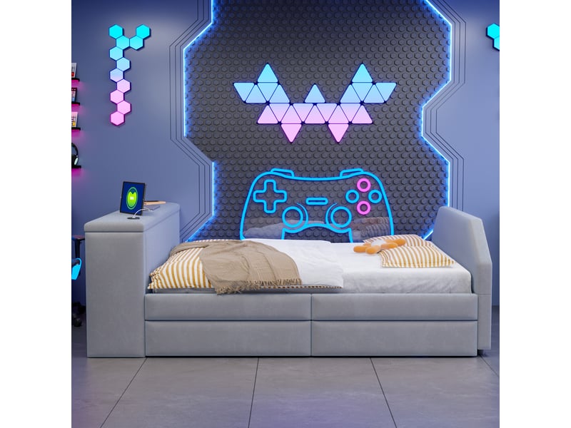  Lit enfant rembourré 90x200 cm avec bureau intégré, port usb et lit gigogne, lit multifonction pour chambre d'enfant ou d'amis, velours gris Seren Glow - Conforama D