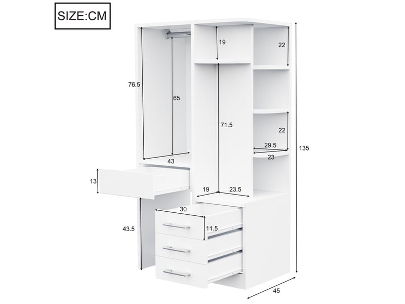  Armoire pour enfant, avec penderie, 3 tiroirs, étagères multi-niveaux, multifonction, 70 × 45 × 135 cm, blanc  - Conforama C