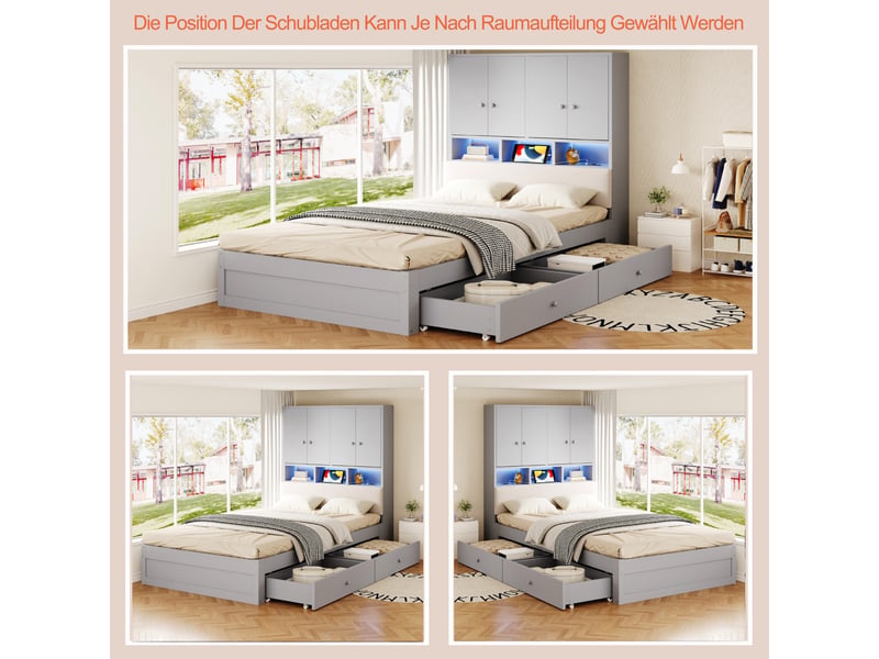  Lit en bois multifonctionnel 90 x 200 cm avec tête rembourrée, led, prise et tiroirs, gris  - Conforama D