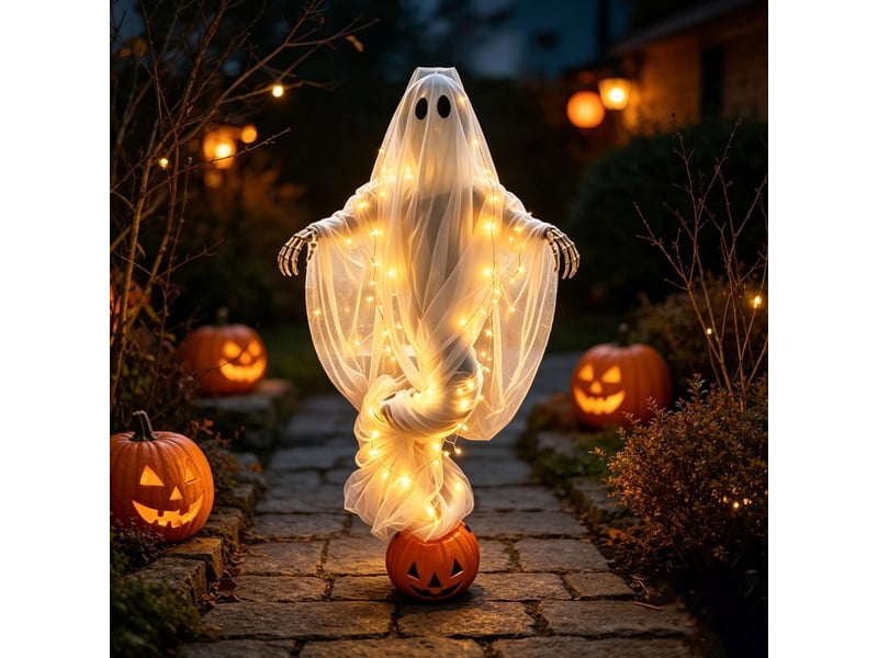 Lampe halloween squelette fantôme avec citrouille, led, décoration extérieure pour jardin et terrasse - Conforama A