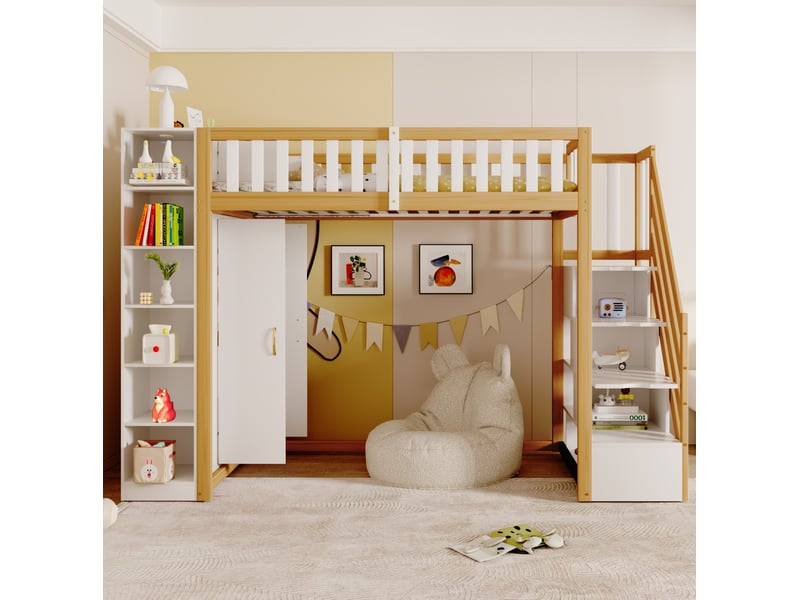  Lit mezzanine 90x200 cm multifonctionnel avec rangements, armoire et échelle de sécurité bois mdf blanc et bois naturel sans matelas  - Conforama C