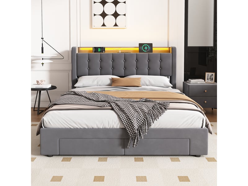  Lit coffre 140x190 cm avec led et usb gris foncé evryae  - Conforama C