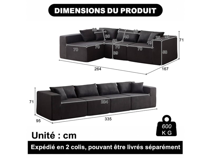  Canapé d’angle, canapé de sol en velours côtelé 104, compressé mousse, 4 pièces combinables, 71x264x167 cm, noir  - Conforama C