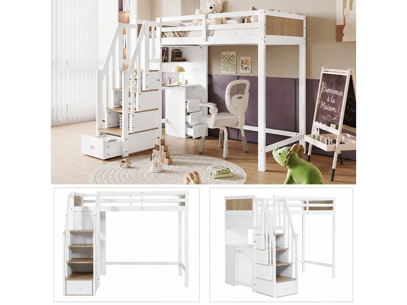  Lit mezzanine enfant 90x200 cm avec bureau à 3 tiroirs et escalier avec rangement, pin et mdf, blanc et naturel  - Conforama W