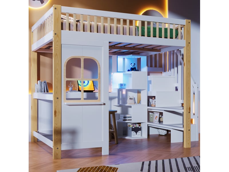  Lit mezzanine enfant 140x200 cm avec bureau, led, échelle de rangement, blanc et naturel  - Conforama D