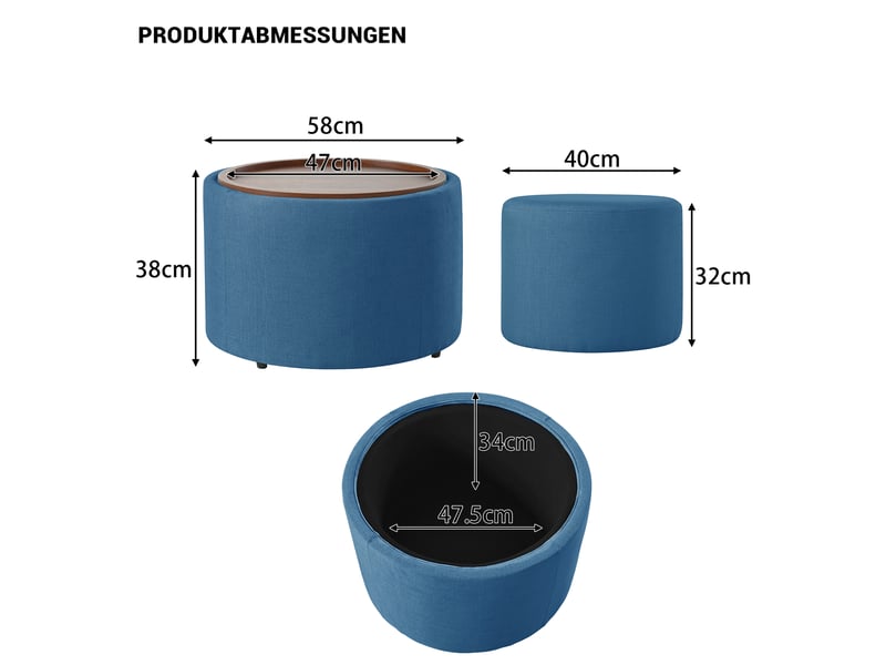  Lot de 2 poufs gigognes ball &amp; cast, bleu, rangement et plateau bois, 58 cm  - Conforama C