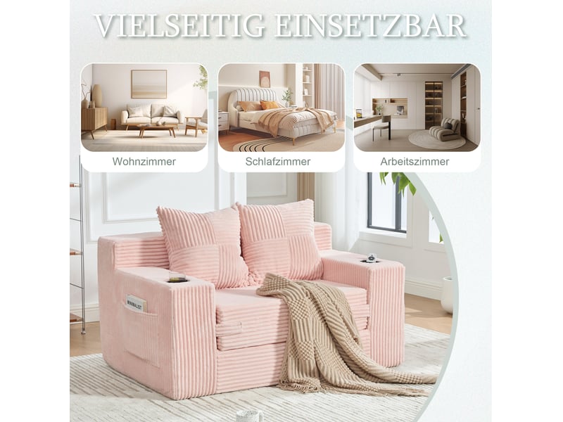 Fauteuil pouf 2 places avec coussins amovibles, poches latérales et accoudoirs, en velours côtelé rose - Conforama E