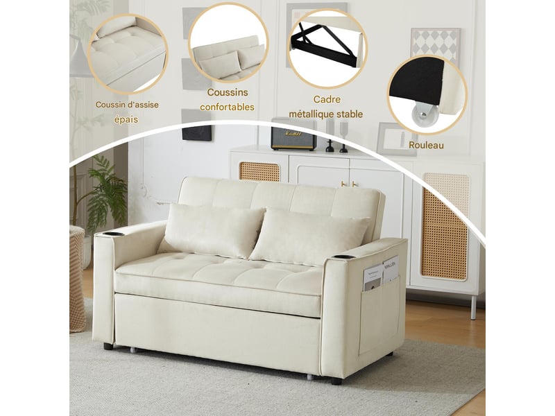  Canapé convertible 2 places en velours beige 137 x 76,5 x 83 cm N653P464748A - Conforama D