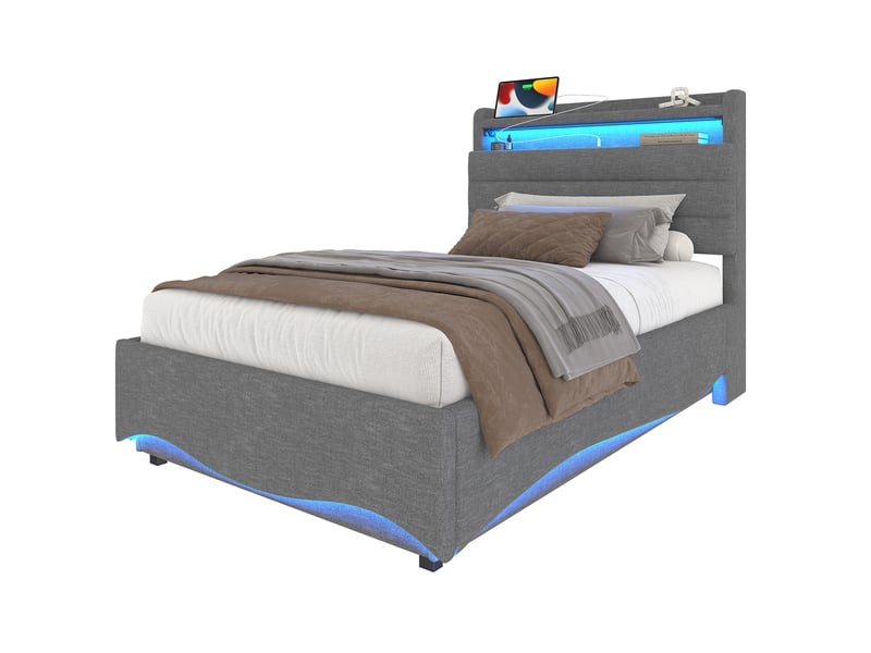  Lit coffre 90x200 cm en lin gris avec led, usb et type-c, tête de lit avec rangement  - Conforama A