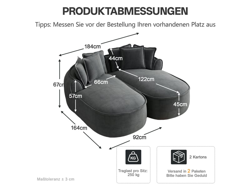 Canapé nuage modulable 2 places 184x164x67 cm, sans montage, coussins inclus, transformable, tissu en chenille, gris - Conforama C