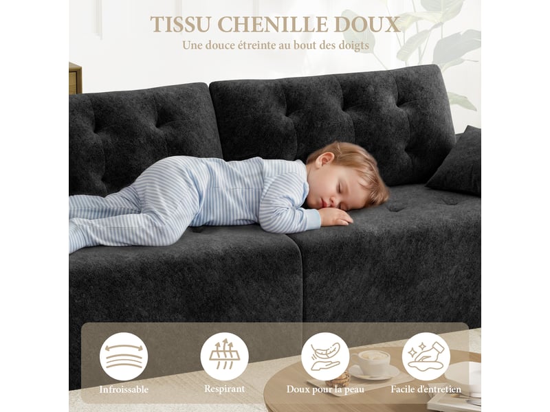 Canapé compressé modulable style nuage scandinave 275cm noir en chenille,mousse compressée haute densité,canapé doux pour salon 275x102x66CM - Conforama D