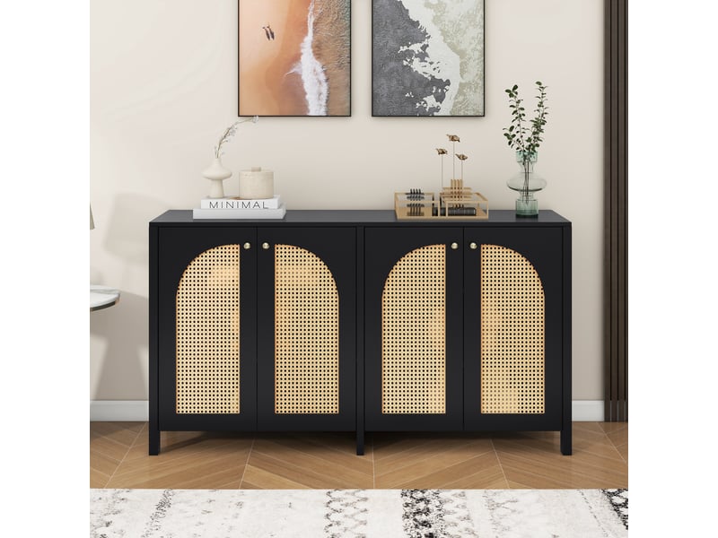  Buffet 4 portes en rotin synthétique 145 cm, poignées métal, noir Fay Lum - Conforama B