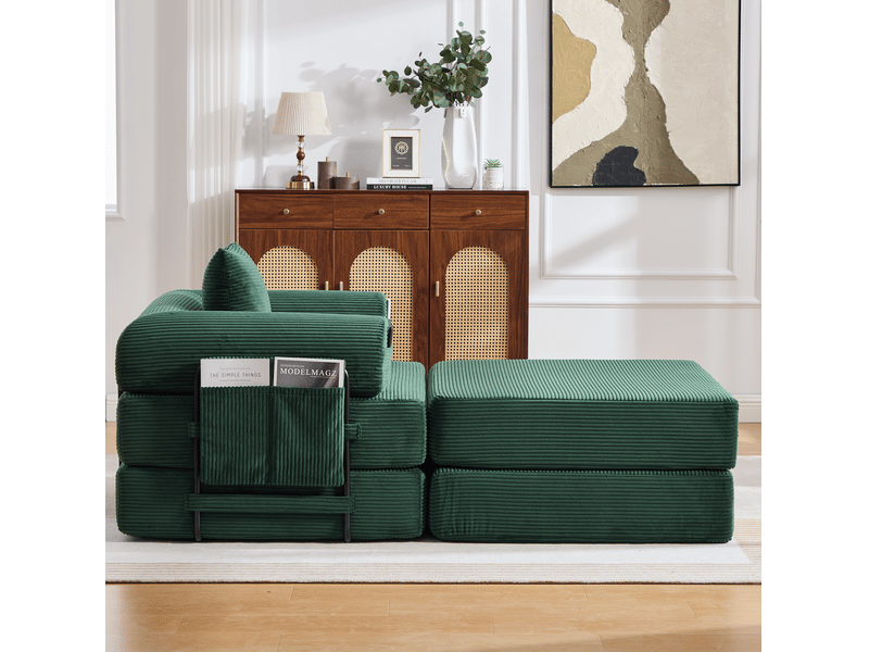  Repose-pied convertible sans montage avec 2 blocs de mousse épais, en velours côtelé émeraude, 109 × 95 × 43 cm  - Conforama C
