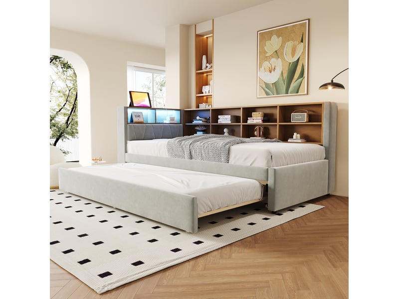Lit gigogne 90x200 cm avec led, usb et type-c, flanelle gris clair - Conforama D