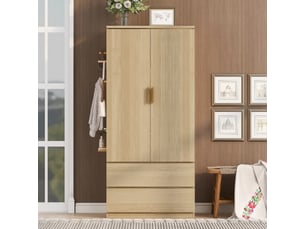 Armoire 70x50x170 cm avec panneau perforé latéral, rangements cachés et 2 tiroirs, dressing multifonction avec espace pratique, bois naturel