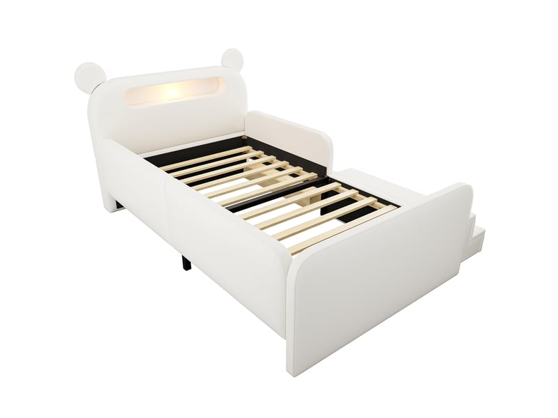 Lit enfant 90x200 cm - lit simple avec rangement intégré - tête de lit ours avec veilleuse et usb - similicuir - blanc - Conforama R