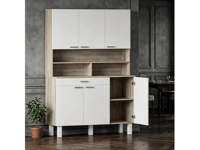  Buffet de cuisine haut 120 x 40 x 175 cm, 6 portes, tiroir, blanc et bois  - Conforama E