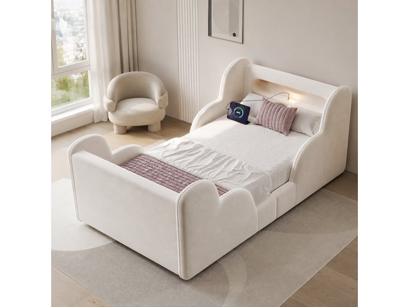  Lit enfant 90x200 cm avec barrières rembourrées, veilleuse et ports usb, velours beige  - Conforama D