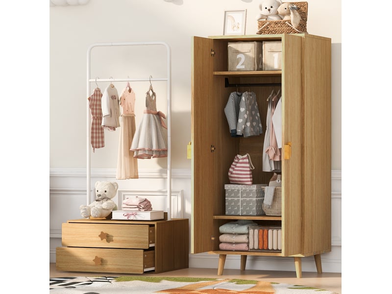  Armoire 2 portes 70 x 55 x 170 cm avec 2 tiroirs, bois clair et métal  - Conforama B