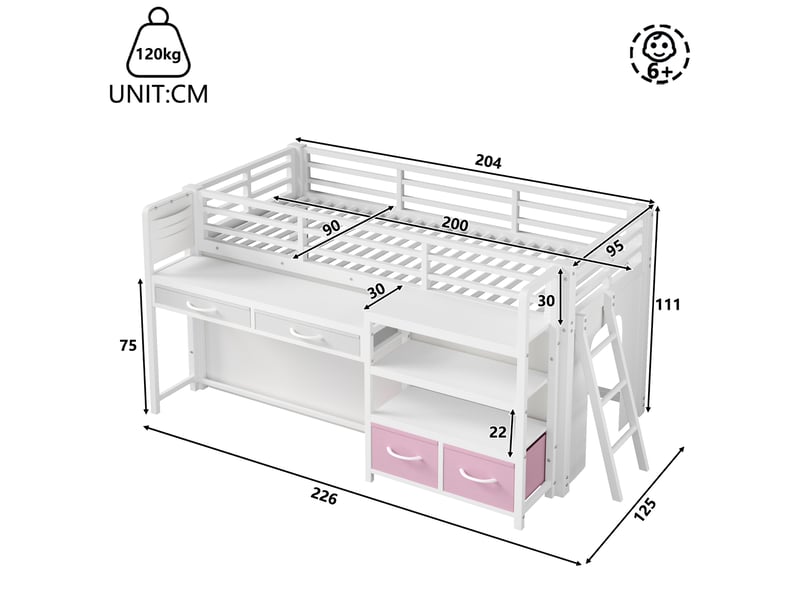 Lit mezzanine enfant 90 x 200 cm avec bureau, rangements, tiroirs en tissu, rideau, étagère à plusieurs niveaux et éclairage led, métal, blanc - Conforama C