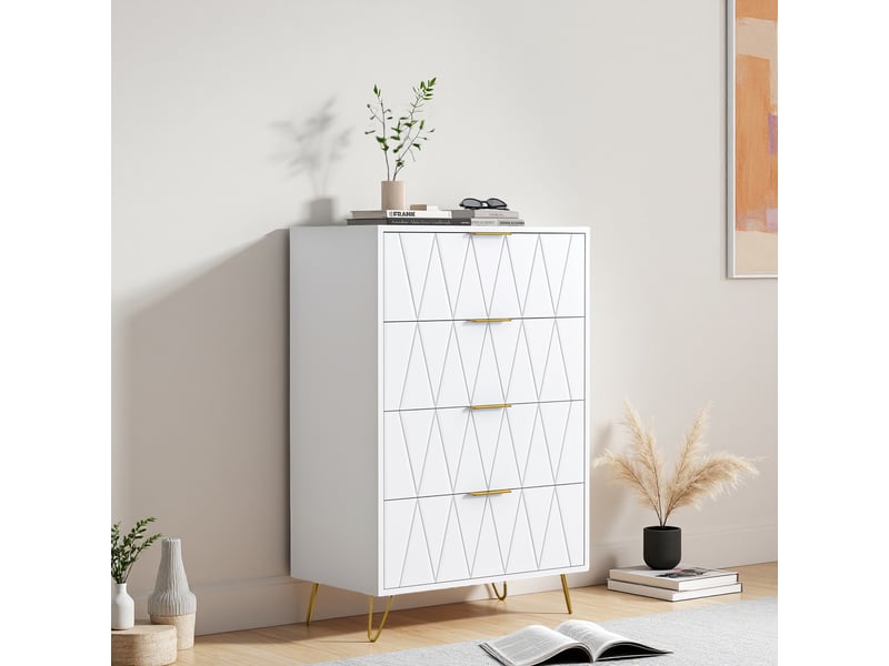  Commode 4 tiroirs blanche commode chambre adulte avec poignées en métal pour salon chambre entrée, 60 x 34 x 91 cm, blanche  - Conforama B