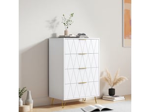 Commode 4 tiroirs blanche commode chambre adulte avec poignées en métal pour salon chambre entrée, 60 x 34 x 91 cm, blanche