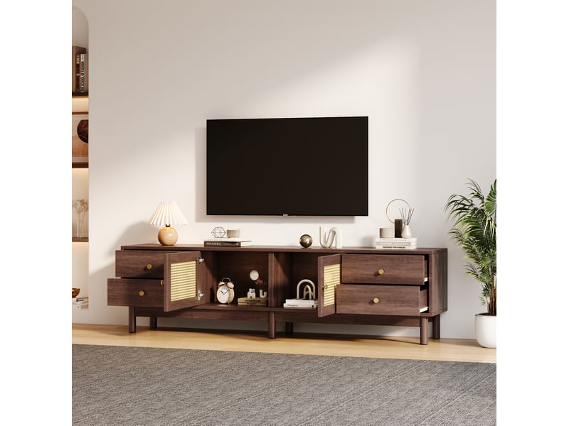  Meuble tv 180x35x44cm avec 4 tiroirs 2 portes rotin passage câbles 80 pouces panneau de particules marron  - Conforama D