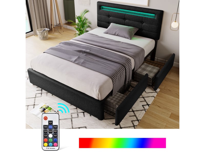  Lit avec rangement 90x200 cm – lit simple capitonné avec tête de lit réglable et rangement, lin et métal, sans matelas, noir  - Conforama B