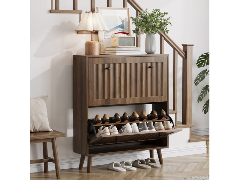  Meuble à chaussures en bois foncé 80 cm, 2 compartiments abattants et niche ouverte pour votre entrée  - Conforama E